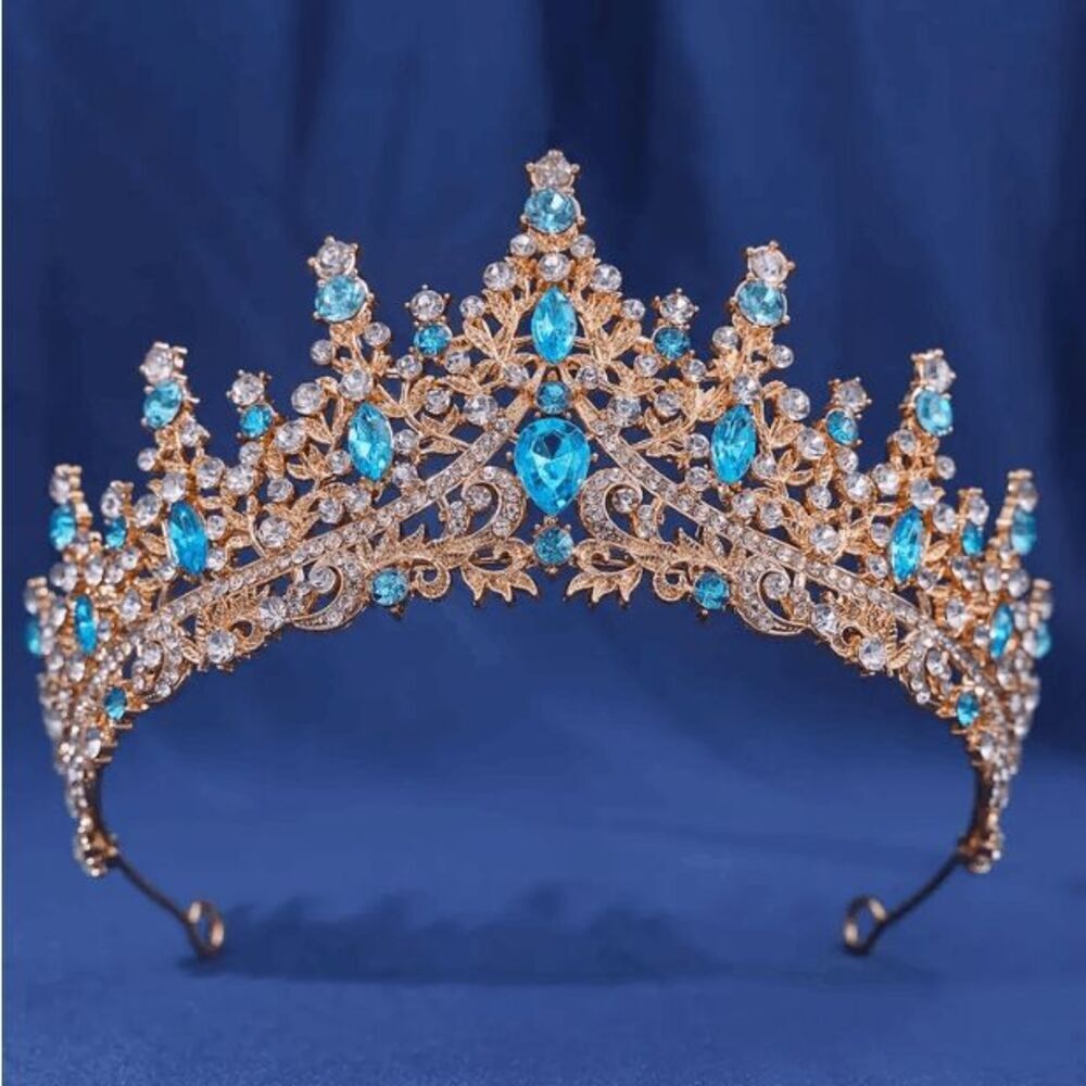 Wicked Silk Prom, Quinceanera Jeweled Crown Tiara Headband - Golden Teal